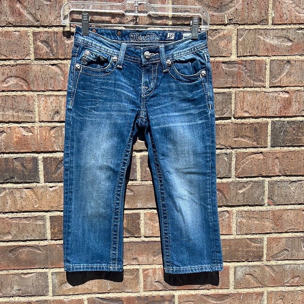 Miss Me Girls 10 Blue Denim Bling Fleur De Lis Rhinestone Capri Western Jeans JK